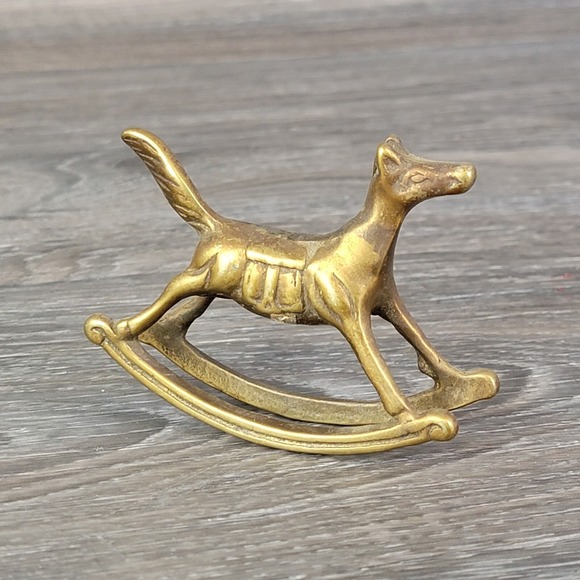 Vintage Brass Rocking Horse Dog Figurine Small 3" Miniature Gold Tone Metal VTG - Picture 2 of 7